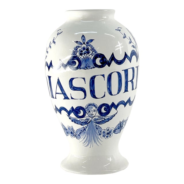 Vintage 1989 Lilly Pharmaceutical Blue and White Ceramic "Diascord" Apothecary Jar For Sale