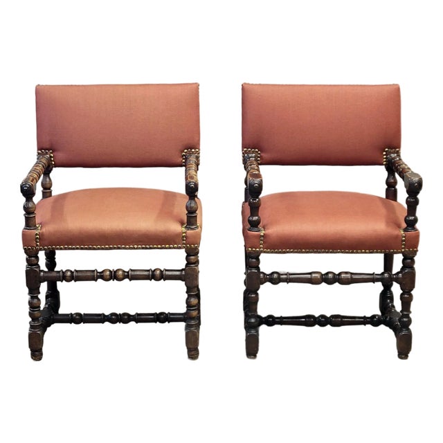 Antique European Renaissance Revival Chairs With Terracotta Linen Upholstery - A Pair For Sale