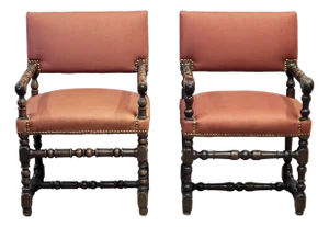 Antique European Renaissance Revival Chairs With Terracotta Linen Upholstery - A Pair