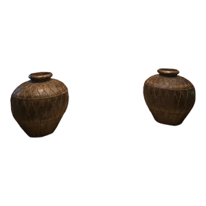Vintage Pair of Large, Leather-Wrapped, Iron African Pots