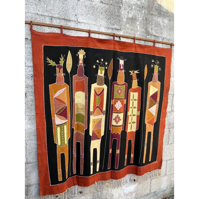 Large Hand-Painted Tribal African Wall Hanging Tapestry For Sale - Image 4 of 15