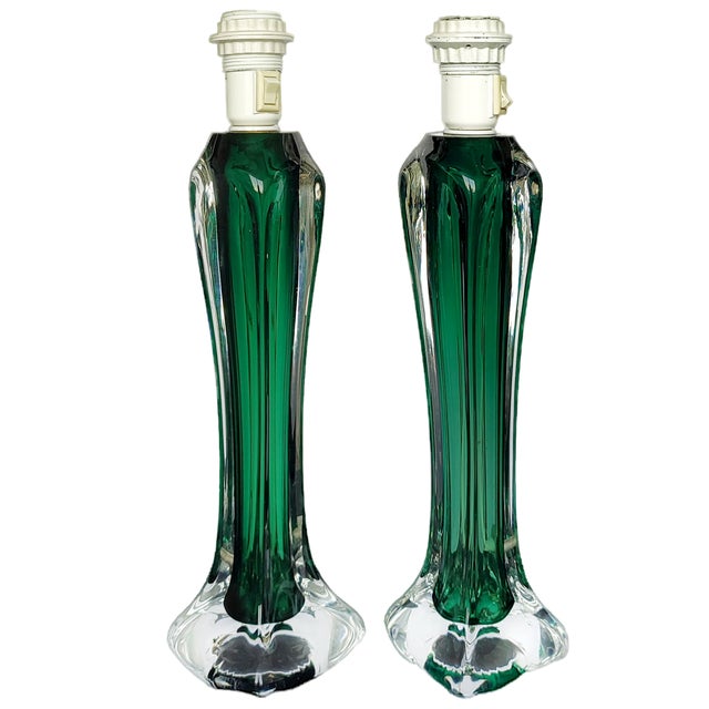 Mid-Century Modern Green Glass Table Lamps by Paul Kedelv for Swedish Flygsfors, Sweden, 1950s, Set of 2 For Sale