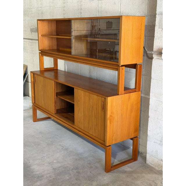 Wood Mid Century Modern Danish Teak Hutch Credenza Display Cabinet 2 Piece 1960s For Sale - Image 7 of 10