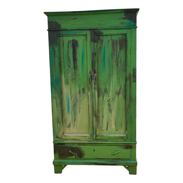Vintage Green Wood Wardrobe For Sale