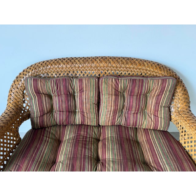 Vintage Coastal Rattan & Wicker Loveseat With Original Cushions For Sale In Miami - Image 6 of 12