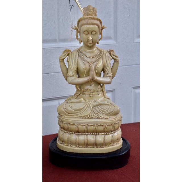 1980s Vintage HMH Pair of Table Lamps Guanyin Asian Faux Ivory For Sale - Image 5 of 16