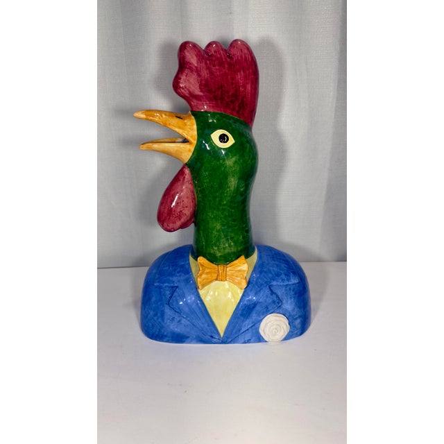 Purple Late 20th Century Hand-Painted Italian Majolica Anthropomorphic Rooster and Hen Busts by Turtle and Crane - Palm Beach Regency Whimsy For Sale - Image 8 of 12