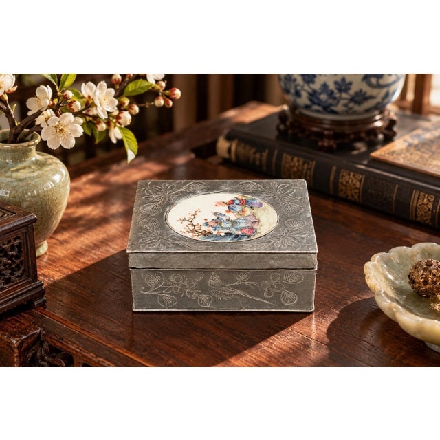 Chinese Antique Pewter Box W Finely Painted Porcelain 1920s Republic Era For Sale - Image 4 of 13