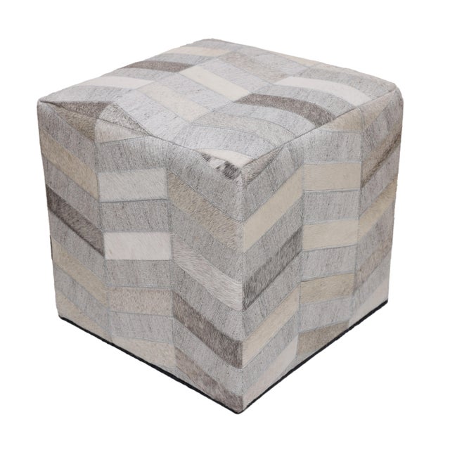 Animal Skin Handmade Patchwork Cowhide Leather Cube Ottoman Pouf 18x18x18 in Neutral For Sale - Image 7 of 9