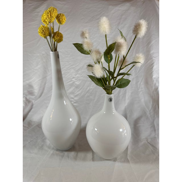 White A Beautiful Pair of White Glass Bed Vases For Sale - Image 8 of 8