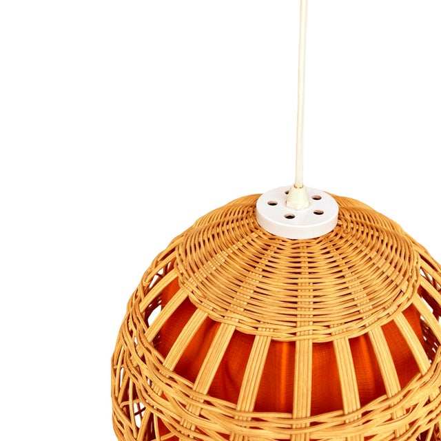 Mid-Century Modern Ceiling Lamp With Wicker Shade, Poland 1960s For Sale - Image 3 of 12