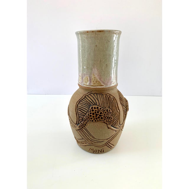 Vintage Vase Studio Pottery, Carved Organic Motif, Signed "Moni" For Sale - Image 4 of 13