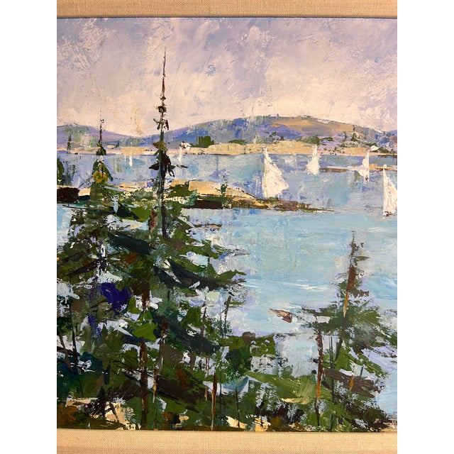 Blue Impressionist Coastal Harbor Oil Painting With Sailboats, Framed 24" Signed Eileen Kelly For Sale - Image 8 of 15