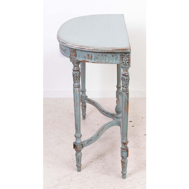 Mid 20th Century Louis XV Carved Duck Egg Blue Demi Lune Console Made in Spain For Sale - Image 5 of 12