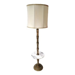 Large Japanese Brass Floor Lamp in Faux Bamboo With Marble Tray Table & Original Barrel Shade For Sale