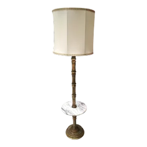 Large Japanese Brass Floor Lamp in Faux Bamboo With Marble Tray Table & Original Barrel Shade