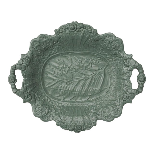 Mid 19th Century Staffordshire Ferns Bellflowers Stoneware Handled Serving Dish Relief Molded Green Glaze For Sale