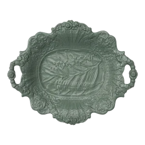 Mid 19th Century Staffordshire Ferns Bellflowers Stoneware Handled Serving Dish Relief Molded Green Glaze