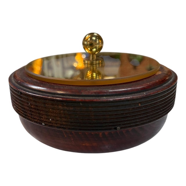 Wooden Lidded Box With Brass-Tone Mirror Top For Sale
