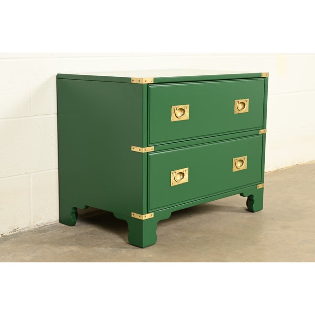 Drexel Heritage Drexel Heritage Mid-Century Hollywood Regency Campaign Green Lacquered Nightstand | Circa 1970s For Sale - Image 4 of 12