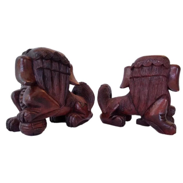Vintage Chinese Foo Dog Asian Art Statue Decor Wooden Hand Carved Large - a Pair For Sale - Image 4 of 8