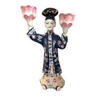 Chinese Export Famille Rose Figural Candlestick Lotus Candle Holder For Sale