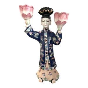 Chinese Export Famille Rose Figural Candlestick Lotus Candle Holder