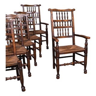 6 Antique Lancashire Dining Chairs, English Beech, Carver, Seat, Edwardian, 1905 For Sale