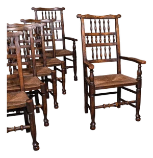 6 Antique Lancashire Dining Chairs, English Beech, Carver, Seat, Edwardian, 1905