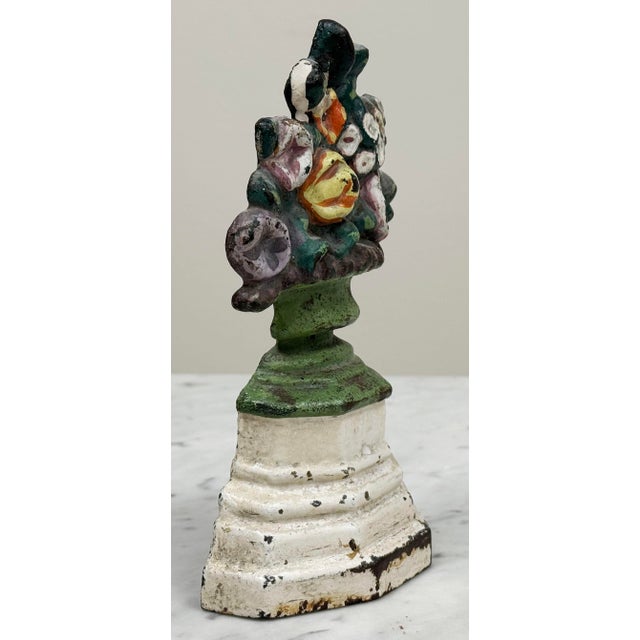 French Country Antique Petite Floral Basket Cast Iron Doorstop For Sale - Image 3 of 6