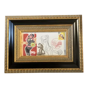 Contemporary Original Judy Henn Abstract Ink Drawing/Collage “First Day Monkeying Around “ Framed