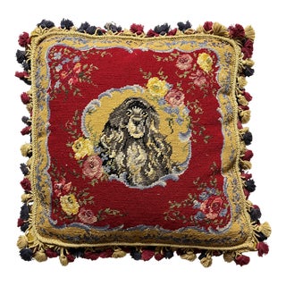 Vintage Floral Needlepoint Pillow Featuring Black Spaniel in Center Frame For Sale