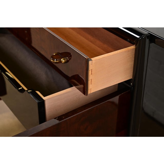 Brown 1980s Milo Baughman Style Modern Art Deco Burl Wood Bar Cabinet by Henredon For Sale - Image 8 of 16