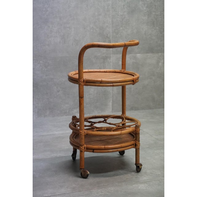 Mid-Century Italian Bamboo and Rattan Round Bar Cart, 1960s For Sale - Image 4 of 9