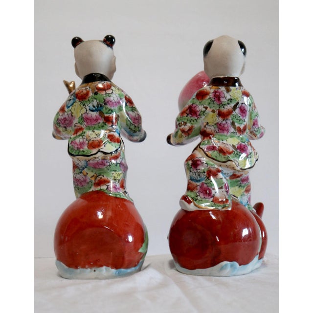1940s Hand Painted Porcelain Chinese Figuirines on Gourds Bearing Gifts - a Pair For Sale - Image 11 of 12