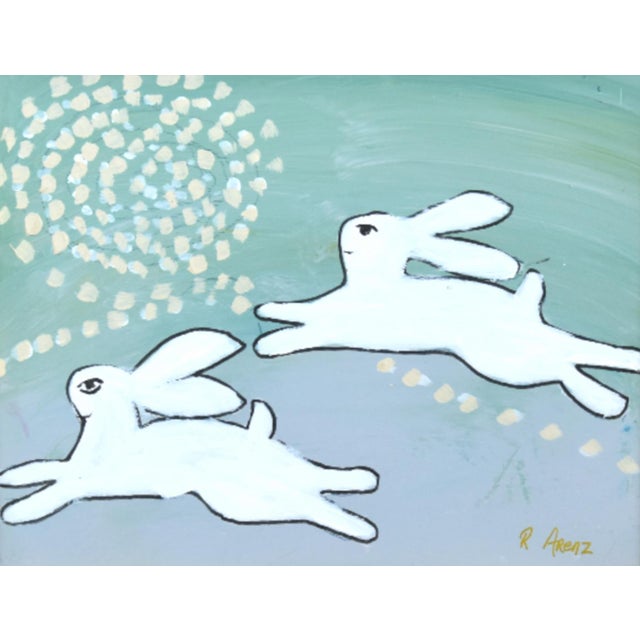 Shabby Chic Folk Art Hopping Bunnies Rabbits Hares Oil Painting Including the Antiqued Gold Wood Frame For Sale - Image 3 of 5