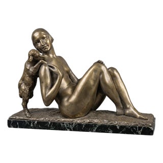 Germain Oury Desruelles, Art Deco Statue of Nude Woman with Lamb, 1925, Bronze on Marble Base For Sale