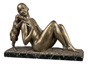 Germain Oury Desruelles, Art Deco Statue of Nude Woman with Lamb, 1925, Bronze on Marble Base