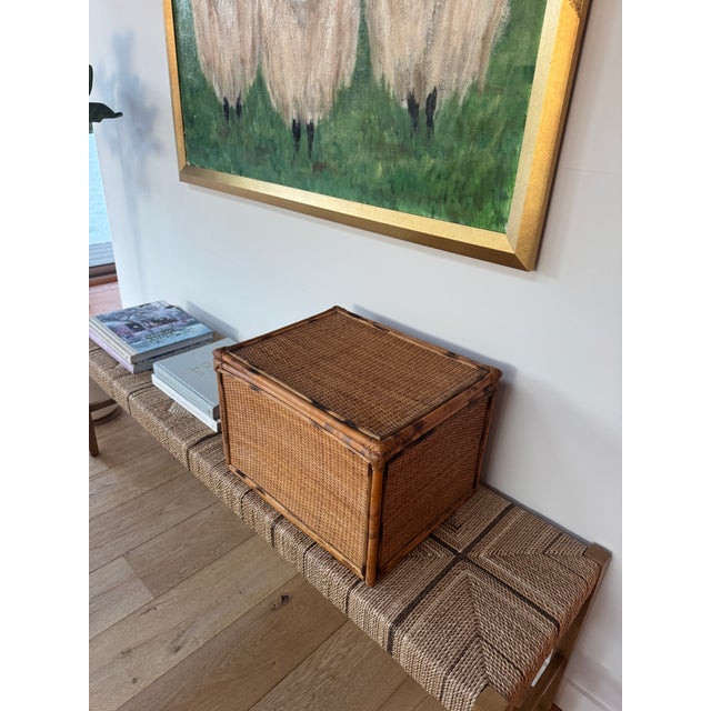 Late 20th Century Extra Large Hinged Tortoise Bamboo and Woven Cane Storage Box For Sale - Image 4 of 9