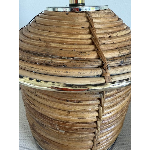 Brown Vintage Pencil Reed Rattan Lamp With Brass Accents For Sale - Image 8 of 9