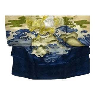 Mid Century Japanese Kimono Silk Boys Antique Hand Embroidery Navy Eagle Falcon Bird Kyoto Obi Sash Gold Foil For Sale
