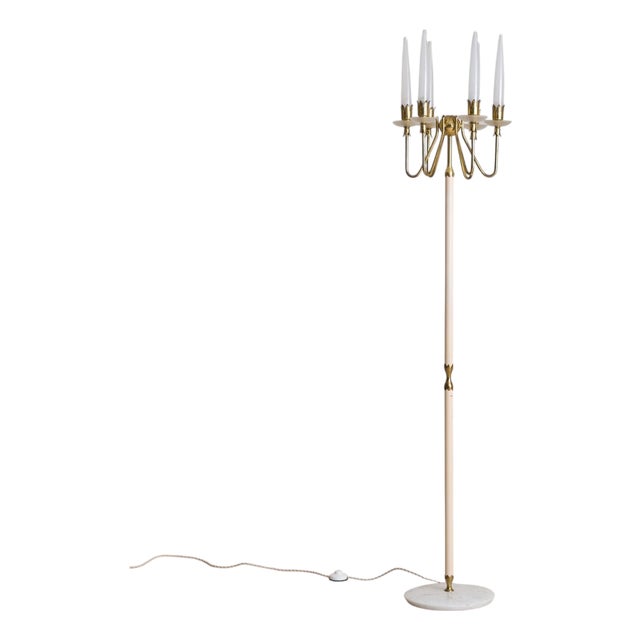 1953 Italian Brass + Opaline Glass Floor Lamp by Angelo Lelii for Arredoluce For Sale