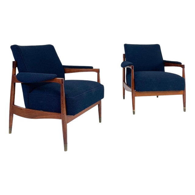Set of Mid-Century Modern Armchairs in Wood and Blue Boucle Fabric, Italy, 1960s For Sale