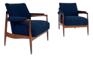 Set of Mid-Century Modern Armchairs in Wood and Blue Boucle Fabric, Italy, 1960s