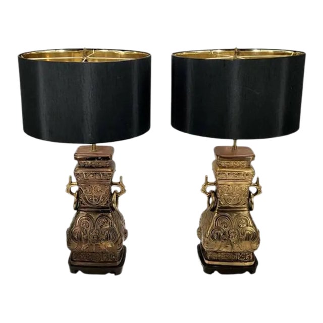 Mid 20th Century Chinese Archaistic Brass Table Lamps - a Pair For Sale