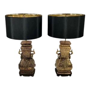 Mid 20th Century Chinese Archaistic Brass Table Lamps - a Pair