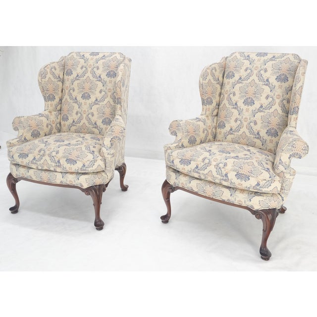 Brown Queen Ann Carved Walnut Bases Blue & White Upholstery Arm Chairs - A Pair For Sale - Image 8 of 12