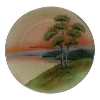 Antique Asian Nippon Round Porcelain 8" Plate Hand Painted Sunset Lake Scene For Sale