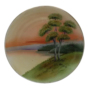 Antique Asian Nippon Round Porcelain 8" Plate Hand Painted Sunset Lake Scene