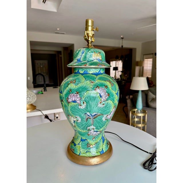Single Chinese Green Lotus Flower Porcelain Table Lamp For Sale - Image 18 of 18